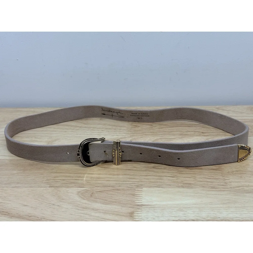 LoveStrength Genuine Leather Western Boho‎ Belt Taupe Gold Tone M/L  #23